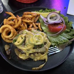 Castaway's Pub and Grill - Cheeseburger no bun with grilled jalapeños and onions!