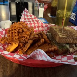 Ballers - Philly Cheesesteak on Tx toast and sweet potato waffle fries