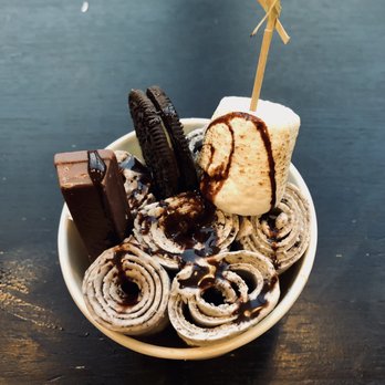 Tea and Crepe - Panda Panda rolled ice cream topped with Kit Kat, Oreo, and marshmallow. - Ice Cream & Frozen Yogurt Near Me - Fargo, North Dakota