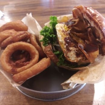 A+ Burger - Double A1Burger with fried egg mushrooms avocado and crispy potato chips with onion rings. - Burgers Near Me - Oakland, California A+ Burger - Double A1Burger with fried egg mushrooms avocado and crispy potato chips with onion rings. - Burgers Near Me - Oakland, California