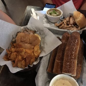 Heavy Riff Brewing - Pictured are the pretzels & beer cheese, pulled pork and turkey sandwiches - Breweries Near Me - Saint Louis, Missouri