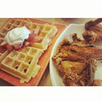 Hidden Cafe - Chicken and Waffles. I get the waffles with strawberries and whip cream. - New American Near Me - Camarillo, California