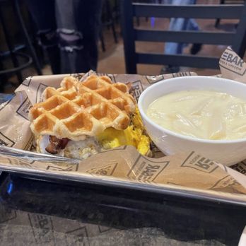 Rebar Taproom - Waffle burger with Mac & Cheese - Sports Bars Near Me - Springfield, Missouri
