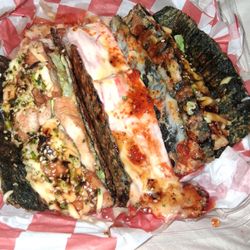 Grilled Chicken Taco, Kanikama (Crab) Taco, Shrimp Tempura Taco.