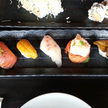 Sushi K Kamizato - Red tuna, uni, sea bass, tiger eye (chopped scallop wrapped in salmon belly), and foie gras - Sushi Bars Near Me - Port Coquitlam, British Columbia Sushi K Kamizato - Red tuna, uni, sea bass, tiger eye (chopped scallop wrapped in salmon belly), and foie gras - Sushi Bars Near Me - Port Coquitlam, British Columbia