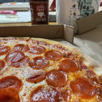 Franco's Pizzeria - Medium pepperoni pizza (7.5/10) paired with a nice cold root beer! Perfect size for 2-3 people - Pizza Near Me - Ithaca, New York