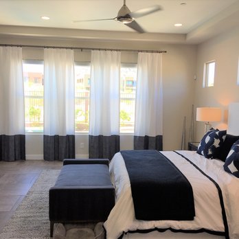 Drapery Den - Customer master bedroom. Designed bottom banded panels in white and navy. - Shades & Blinds Near Me Drapery Den - Customer master bedroom. Designed bottom banded panels in white and navy. - Shades & Blinds Near Me