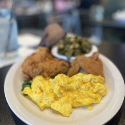 Grits and Eggs Breakfast Kitchen - Fried chicken with eggs and collards
