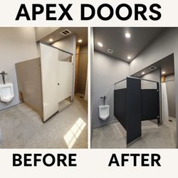 Apex Doors - Restroom upgrade by Apex Doors! New solid plastic partitions built for privacy, durability & easy upkeep. #ApexDoors #TulsaOK