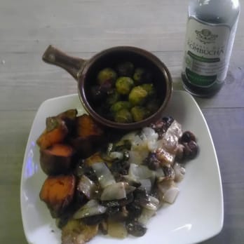 Rachael's Cafe - Red Snapper Entrée (Covered in Sautéed Mushrooms & Onions), Brussels Sprouts, Coconut Sweet Potatoes & Kombucha - Cafes Near Me - Lafayette, Louisiana