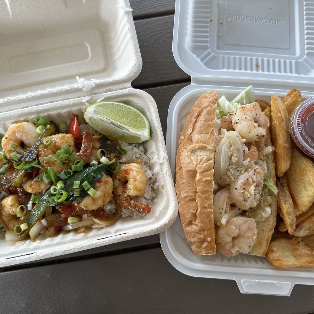 Spicy Thai basil shrimp and shrimp po' boy with fries Spicy Thai basil shrimp and shrimp po' boy with fries