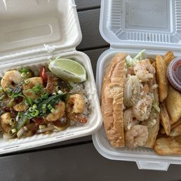 Spicy Thai basil shrimp and shrimp po' boy with fries Spicy Thai basil shrimp and shrimp po' boy with fries