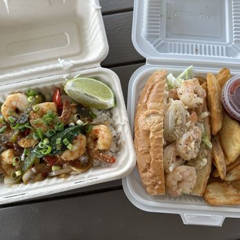Maui Shrimp - Spicy Thai basil shrimp and shrimp po' boy with fries - Food Trucks Near Me - Kahului, Hawaii Maui Shrimp - Spicy Thai basil shrimp and shrimp po' boy with fries - Food Trucks Near Me - Kahului, Hawaii