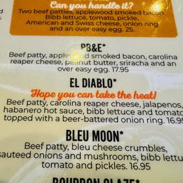 the El Diablo - burger with Carolina Reaper cheese, jalapenos, and habanero hot sauce - ($16.95 as of 06/2025). the El Diablo - burger with Carolina Reaper cheese, jalapenos, and habanero hot sauce - ($16.95 as of 06/2025).