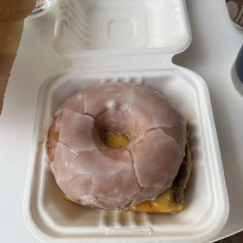 Hook And Press Donuts - Sausage Egg Cheese on a Glazed Donut - Donuts Near Me - Santa Barbara, California Hook And Press Donuts - Sausage Egg Cheese on a Glazed Donut - Donuts Near Me - Santa Barbara, California