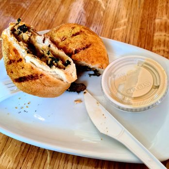 Dear Diary Coffee - Mushroom Spinach Kolache with mustard sauce - Coffee & Tea Near Me - Austin, Texas