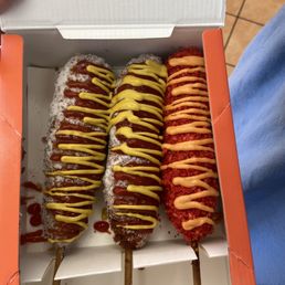 All beef Classic Dog & Spicy Dogs to go !  Sugar & Salt w/ mustard & hot Cheetos crust! This is like a SAVORY DONUT !