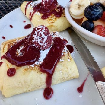 Celia's Garden Café - Blintzes with raspberry sauce... yummy - Breakfast & Brunch Near Me - Los Osos, California Celia's Garden Café - Blintzes with raspberry sauce... yummy - Breakfast & Brunch Near Me - Los Osos, California