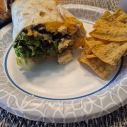 Late Lunch is Half a Caribbean Jerk Chicken Wrap plus added on a bag of Sun Chips. 7/24/2025
