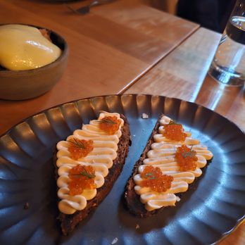 Confidant - Trout Mousse- Sourdough, smoked trout roe, and dill. $19. Overpriced and just alright - New American Near Me - Brooklyn, New York