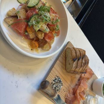 Crush'd Wine Bar Kitchen - Panzanella Salad with Heirlooms and Smoked Salmon Rilletes - New American Near Me - Danville, California Crush'd Wine Bar Kitchen - Panzanella Salad with Heirlooms and Smoked Salmon Rilletes - New American Near Me - Danville, California
