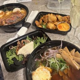 Back to front: Spicy Garlic Miso w. Soft Shell Crab and Beef ChaShu, Chicken Karaage, Steamed Bun w. Crispy Soft Shell Crab, Shoyu Prime