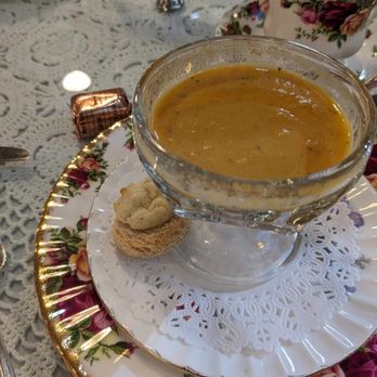 Aubrey Rose Tea Room - Starter soup. Red pepper and squash of some sort. Delicious! - Tea Rooms Near Me - La Mesa, California