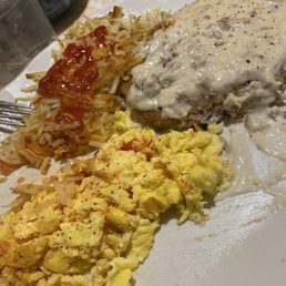 Salisbury steak scrambled eggs, hashbrowns
