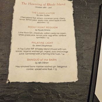 O’Brien & Brough - A textured paper menu with torn edges features four cocktails inspired by Rhode Island, including ingredients and prices. - Distilleries Near Me - Bristol, Rhode Island