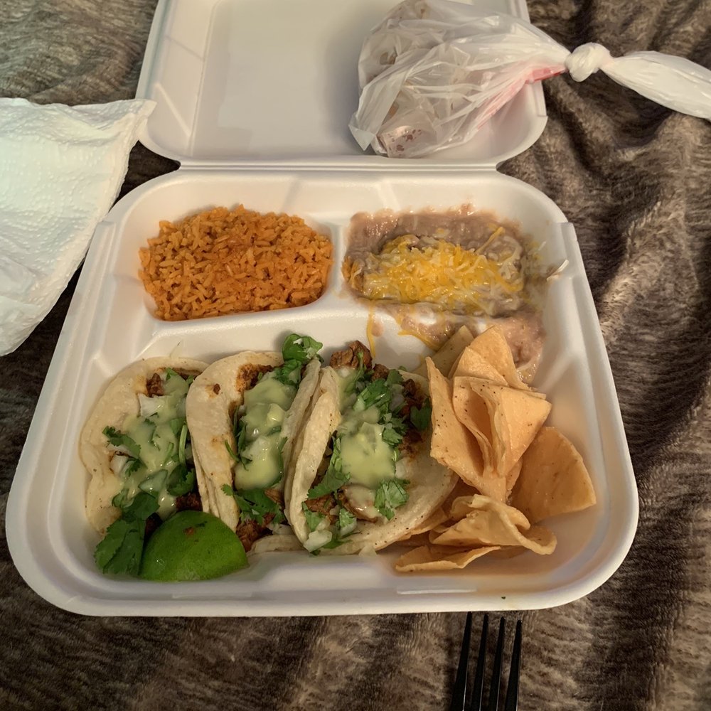 Taco Grill - Soft tacos(carne asada) Rice and refried beans with tortilla chips and hot sauce. - Mexican Near Me - Glendora, California