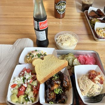 Edge Craft Barbecue - Jerky pork belly burnt ends. Potato salad, tomato cumber salad, smoked elote, pickles and red onions. - Barbeque Near Me - Oklahoma City, Oklahoma Edge Craft Barbecue - Jerky pork belly burnt ends. Potato salad, tomato cumber salad, smoked elote, pickles and red onions. - Barbeque Near Me - Oklahoma City, Oklahoma