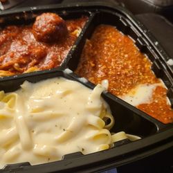Fazoli's - Classic Platter with Alfredo, lasagna and Spaghetti and 1 meatball.