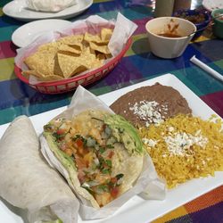 Mexico Uno - A shrimp and fish taco with rice and beans