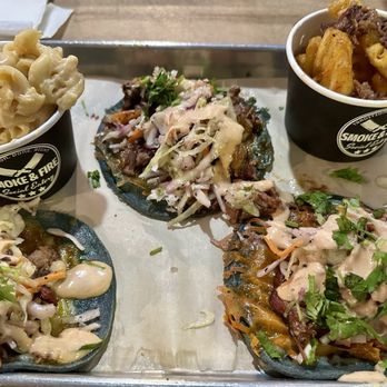 Smoke & Fire Social Eatery - Brisket tacos with a side of mac and cheese and fries with brisket on top - Comfort Food Near Me - Paramount, California