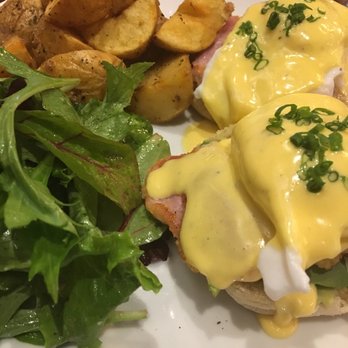 Alchemy Coffee - Peameal Bacon Eggs Benedict with Salad and Roasted Potatoes - Coffee & Tea Near Me - Markham, Ontario Alchemy Coffee - Peameal Bacon Eggs Benedict with Salad and Roasted Potatoes - Coffee & Tea Near Me - Markham, Ontario