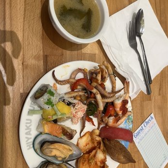 Hiyaku Buffet - Misi soup, mussels, squid salad - Buffets Near Me - Beaverton, Oregon Hiyaku Buffet - Misi soup, mussels, squid salad - Buffets Near Me - Beaverton, Oregon