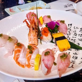 Tokyo Sushi - Halibut, salmon belly, yellow tail belly, egg tamago sushi. Friend ate the shrimp head decoration as a dare. - Japanese Near Me - Simi Valley, California Tokyo Sushi - Halibut, salmon belly, yellow tail belly, egg tamago sushi. Friend ate the shrimp head decoration as a dare. - Japanese Near Me - Simi Valley, California