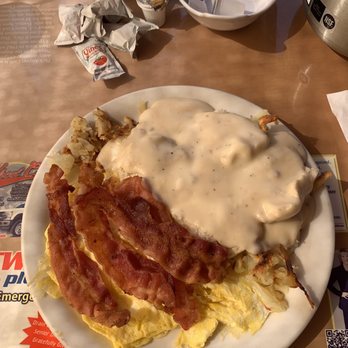 Flo's No 2 - Bacon & eggs breakfast plate! Biscuits & gravy over hash browns - Breakfast & Brunch Near Me - Chino, California Flo's No 2 - Bacon & eggs breakfast plate! Biscuits & gravy over hash browns - Breakfast & Brunch Near Me - Chino, California