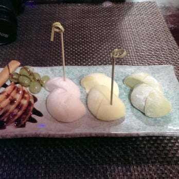 Sakuramen - from right to left: green tea, mango, and strawberry mochi ice cream. plus chocolate drizzled fruit. - Asian Fusion Near Me - Washington, DC, District of Columbia