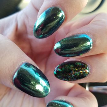 QPI Nails - Green Chrome and pretty iridescent flakes. Look at the shine!! Look closely, you can see the phone reflection in the chrome. Alex killed it! - Nail Salons Near Me - South Jordan, Utah QPI Nails - Green Chrome and pretty iridescent flakes. Look at the shine!! Look closely, you can see the phone reflection in the chrome. Alex killed it! - Nail Salons Near Me - South Jordan, Utah