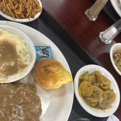 Alma Jean's Southern Kookin - Hamburger Steak, Squash, Spaghetti and Mashed Potatoes and gravy