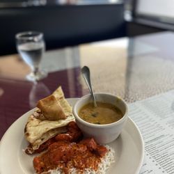 Grill of India - Naan, Chicken Makhani (Butter Chicken), Dal Makhani, and mini Vegetable Samosa.