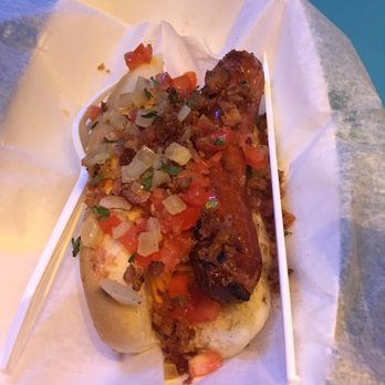 Dat Dog - Bratwurst with bacon onions tomatoes and cheese. - Hot Dogs Near Me - New Orleans, Louisiana