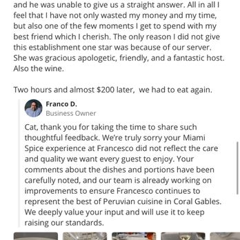 Francesco Restaurant - This is the business owner's response - Peruvian Near Me - Coral Gables, Florida Francesco Restaurant - This is the business owner's response - Peruvian Near Me - Coral Gables, Florida