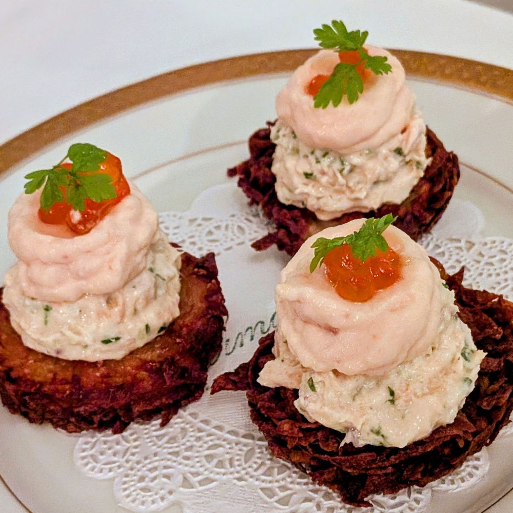 Tourmaline - Celery Root Latkes topped with salmon mousse and roe - New American Near Me - Forest Hills, New York Tourmaline - Celery Root Latkes topped with salmon mousse and roe - New American Near Me - Forest Hills, New York