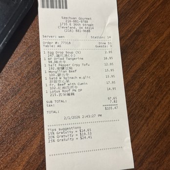 Szechuan Gourmet - Receipt - Szechuan Near Me - Cleveland, Ohio