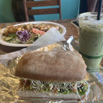 Peace Café - Katsu Sandwich,  Matcha Latte, Katsu Curry (in the background) - Vegan Near Me - Honolulu, Hawaii