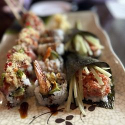 Taiyo Ramen & Sushi - From right to left: Spicy tuna hand roll, shrimp tempura roll, and Godzilla roll
