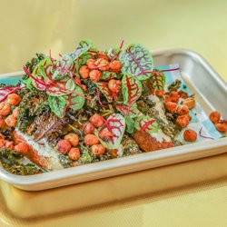 Paradeco Coffee Roasters - Cashew Ricotta Kale Toast Vegan, Vegetarian, Gluten Free, Dairy Free- House made vegan cashew ricotta, roasted kale, roasted chickpeas.