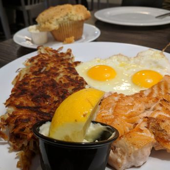 Off Street Cafe - Salmon and eggs (comes with muffin or bagel). I give this a 4/5. - American Near Me - Cerritos, California Off Street Cafe - Salmon and eggs (comes with muffin or bagel). I give this a 4/5. - American Near Me - Cerritos, California